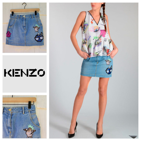 Kenzo Paris‎ Denim Patch Mini Skirt Size 34/XS - Picture 1 of 11